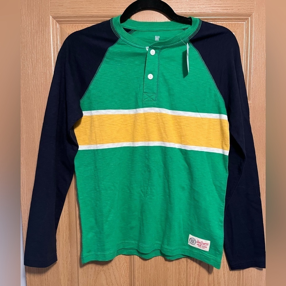 Kids Green, White & Yellow Colorblock Stripe Henley Longsleeve T-Shirt | Gap NWT